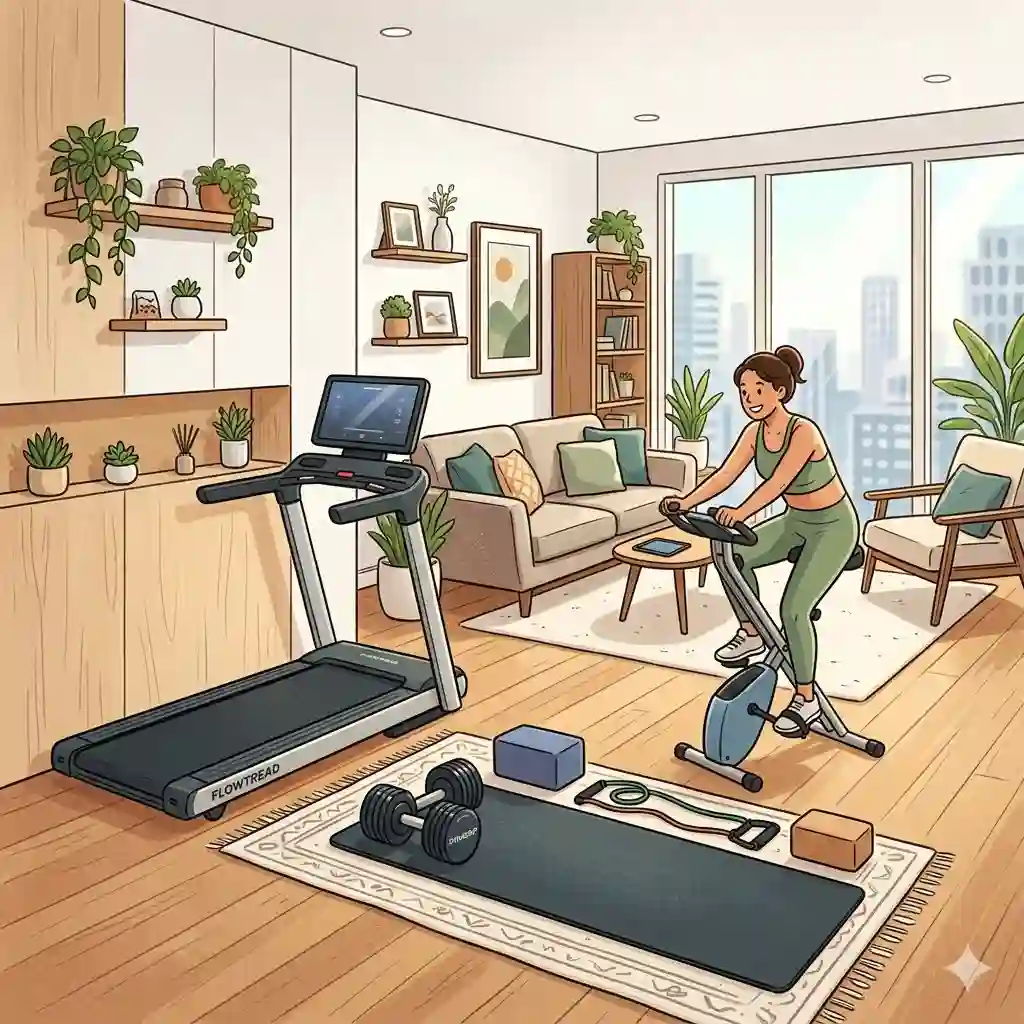 A selection of top-rated apartment exercise equipment displayed in a cozy apartment setting.