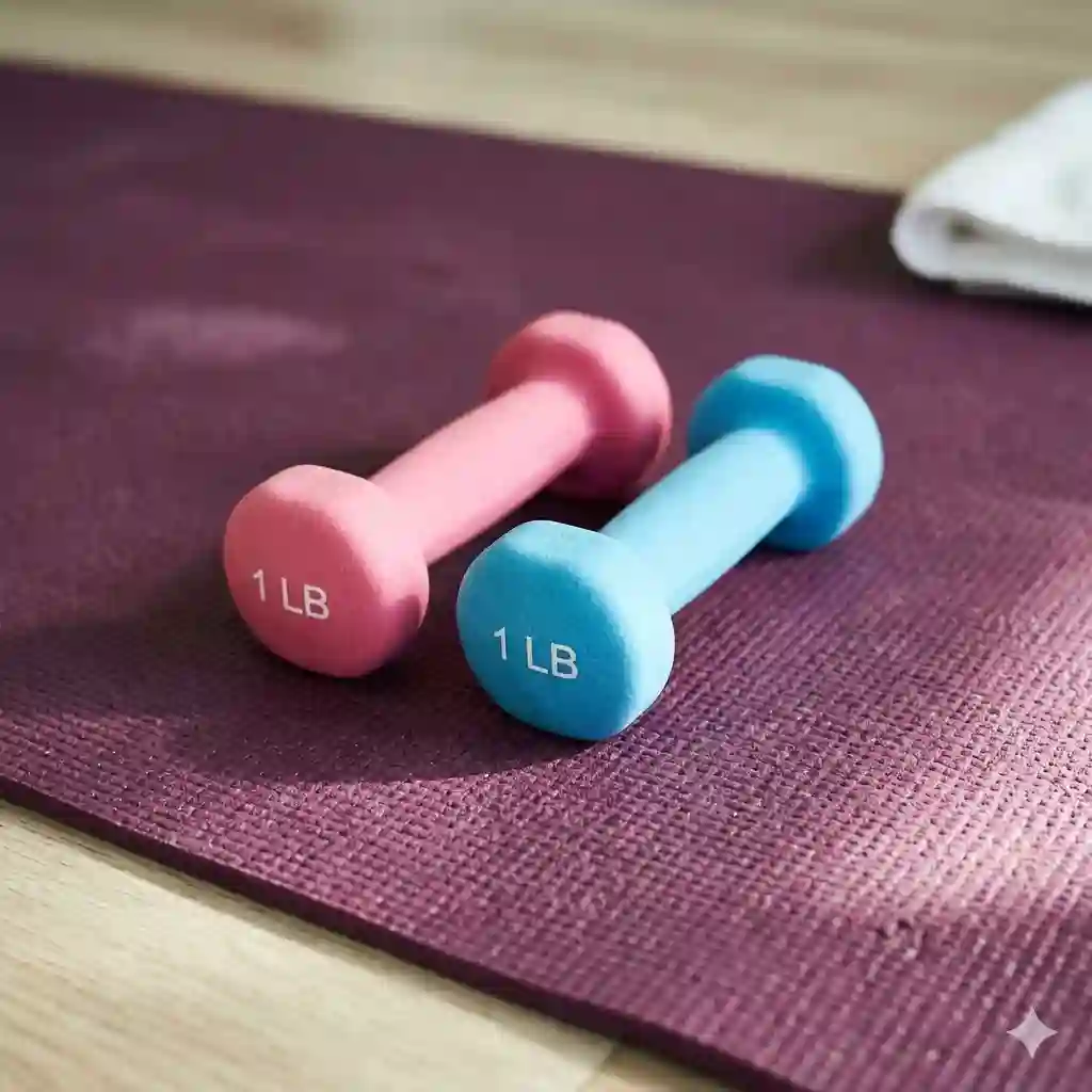 A close-up shot of two small, vibrant pink and sky blue neoprene one pound dumbbells resting on a purple yoga mat.