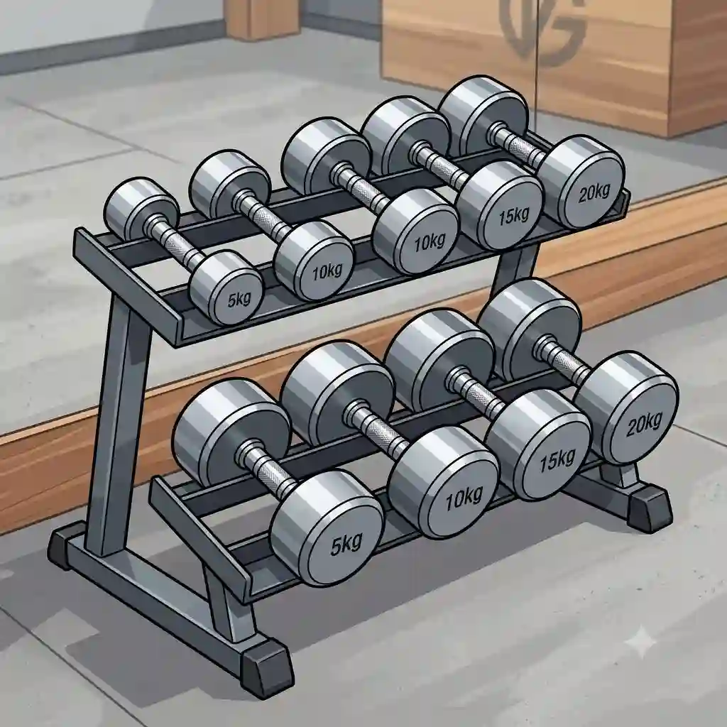 A complete set of heavy steel dumbbells arranged neatly on a modern gym storage rack.