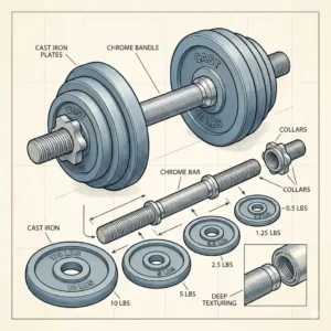 An exploded view technical diagram showing an adjustable iron dumbbells set with removable plates and spinlock collars.