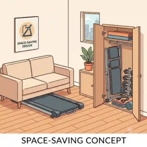 An illustrative infographic demonstrating how foldable workout equipment slides under a sofa and stands in a small apartment closet for space-saving storage.