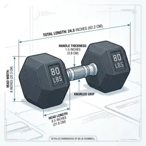 "A technical drawing illustrating the specific dimensions and specifications of 80 lb dumbbells 80 lbs."