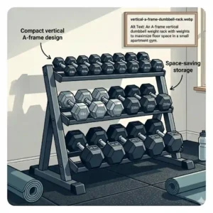 An A-frame vertical dumbbell weight rack with weights designed to maximize floor space in a home gym.