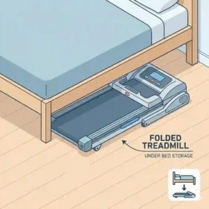 A flat-folding compact treadmill stored under a modern bed to show foldable gym equipment setup.