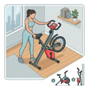 Vector illustration demonstrating how a collapsible exercise equipment bike folds flat for easy wall storage.