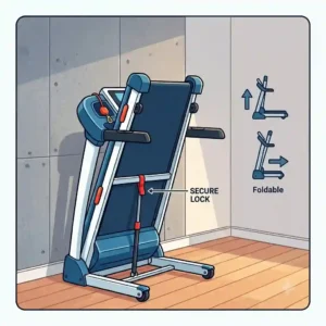 A person folds a black and blue folding gym equipment treadmill upright against a gray textured wall to save space.
