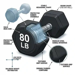 An illustration comparing hexagonal and round 80 lb dumbbells to highlight anti-roll design features.