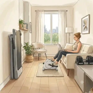 A person using under desk elliptical compact exercise machines while working.