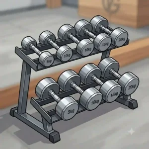 A detailed illustration showing the durable solid steel dumbbells construction with a knurled chrome handle.