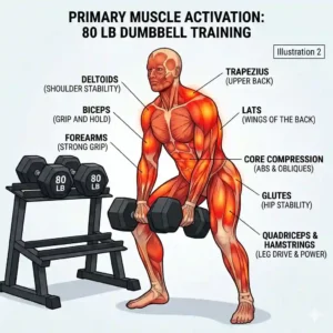 An anatomical graphic highlighting the primary muscle groups activated when training with 80 lb dumbbells.