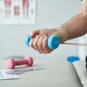 A fitness instructor holding a blue and a pink neoprene one pound dumbbell in hands during a high-energy cardio kickboxing class.