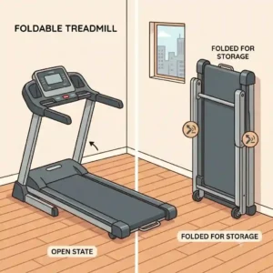 A clean diagram showing the open and closed positions of a modern, efficient foldable workout equipment treadmill designed for small homes.