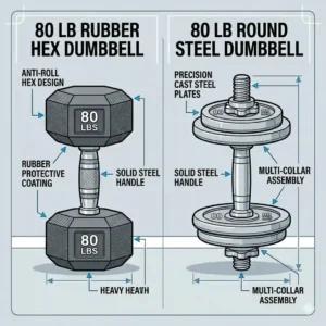 "An illustrated comparison between rubber hex and round urethane dumbbells 80 lbs."