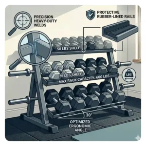 A close-up technical diagram of a commercial-grade dumbbell weight rack with weights, highlighting durable steel construction.