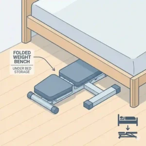 An adjustable folding weight bench standing vertically against a living room wall next to foldable gym equipment dumbbells.
