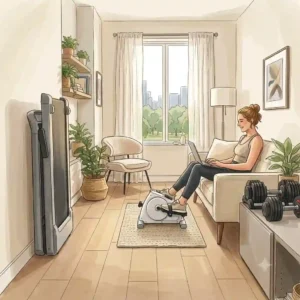 A flat folding treadmill stored under a bed, showcasing space saving compact exercise machines.