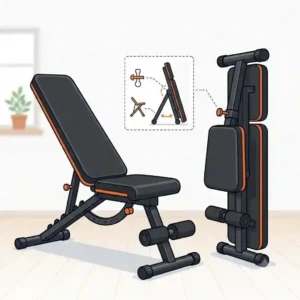 A diagram illustrating two states of a black and orange weight bench, showing how this folding gym equipment collapses for storage.