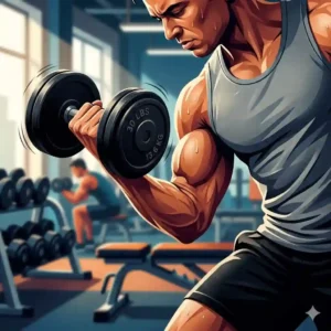A stylized close-up vector illustration of a muscular athlete powerfully curling heavy iron dumbbells.