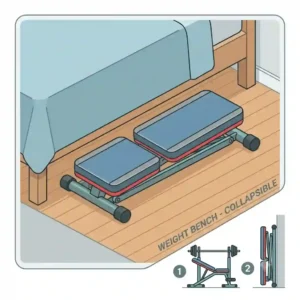 Illustration of a compact collapsible exercise equipment weight bench stored underneath a bed frame.