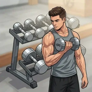 An illustration of an athlete performing a classic bicep curl using a pair of polished steel dumbbells.