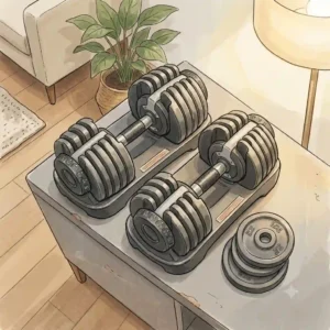 A pair of modern adjustable dumbbells on a stand, perfect as compact exercise machines for strength training.