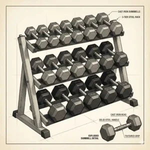 A detailed technical illustration showcasing a full set of classic cast iron dumbbells stored on a robust steel rack.