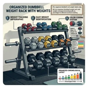 An infographic showing a color-coded dumbbell weight rack with weights arranged for efficient workout tracking.