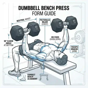 "An infographic illustrating the correct starting position for a flat bench press using dumbbells 80 lbs."