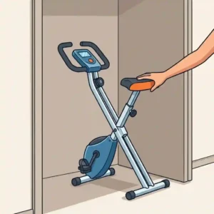 A hand pushes a blue and orange collapsible exercise bike, which is a type of folding gym equipment, into a closet.