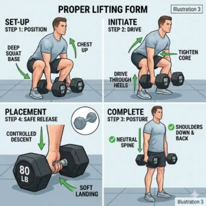 A step-by-step vector illustration showing the correct posture and form for safely picking up 80 lb dumbbells from the floor.