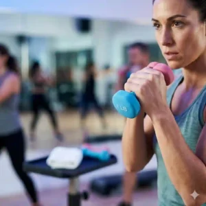 A smiling senior woman performing bicep curls with pink and blue neoprene one pound dumbbells in a light-filled gym.