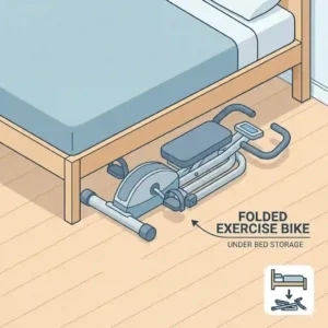 An upright foldable gym equipment exercise bike tucked neatly inside a bedroom closet.