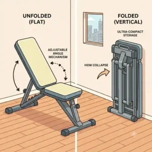 An illustration of a versatile folding weight bench being adjusted, a crucial piece of foldable workout equipment for strength training in limited spaces.