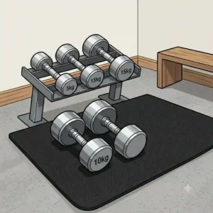 A minimalist home gym space featuring a workout mat and adjustable steel dumbbells on the floor.