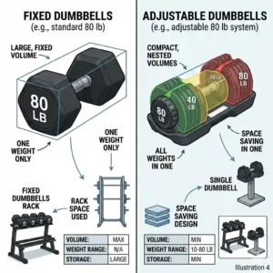 A diagram contrasting a standard heavy fixed dumbbell with a space-saving adjustable 80 lb dumbbells system.