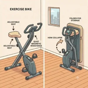 A vector graphic illustrating a compact, collapsible foldable workout equipment exercise bike, ideal for cardio in modern apartments.