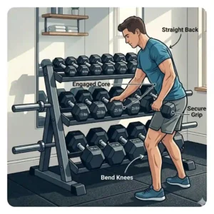 An illustration demonstrating safe lifting form when removing a heavy item from a dumbbell weight rack with weights.