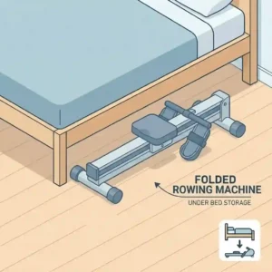 A premium wooden foldable gym equipment rowing machine standing vertically in a compact home gym setup.