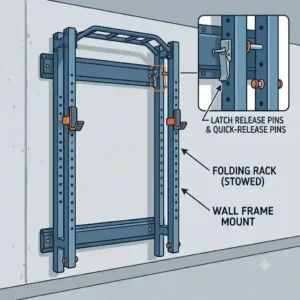 A space-saving wall-mounted power rack, a heavy-duty example of folding gym equipment, shown both extended and pinned flat.
