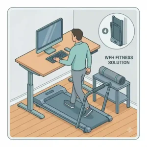 Isometric illustration of an under-desk folding walking pad as an efficient collapsible exercise equipment option for home offices.