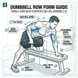 "An instructional illustration showing proper form for a single-arm back row exercise with dumbbells 80 lbs."