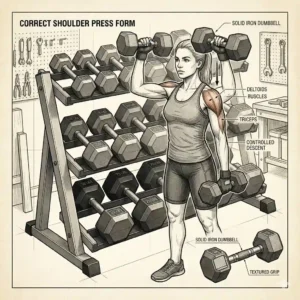 A technical cross-section style illustration of a female athlete performing an exercise using heavy iron dumbbells.