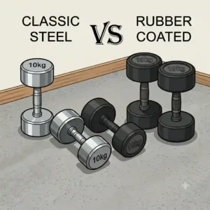A side-by-side comparison illustration highlighting the differences between classic steel dumbbells and rubber-coated weights.
