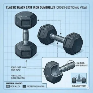 A technical cross-section product illustration of classic solid iron dumbbells highlighting their durable construction.