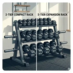 A comparison guide between a two-tier and a three-tier dumbbell weight rack with weights for storage capacity.