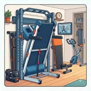 A comprehensive small apartment gym setup featuring multiple pieces of integrated and deployed folding gym equipment, including a treadmill and bench.