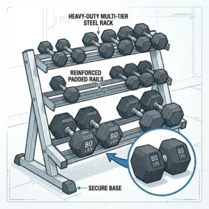 "An illustration of a heavy-duty steel weight rack safely storing several pairs of dumbbells 80 lbs."