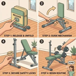 A step-by-step visual guide showcasing how to easily unfold and lock a set of multi-functional foldable workout equipment for a safe home routine.