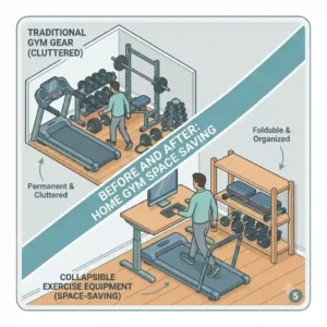 A split illustration comparing a crowded room to an organized space using smart collapsible exercise equipment.