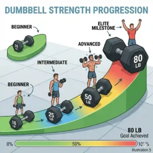 A timeline graphic tracking weight lifting progression from lighter weights up to the 80 lb dumbbells milestone.